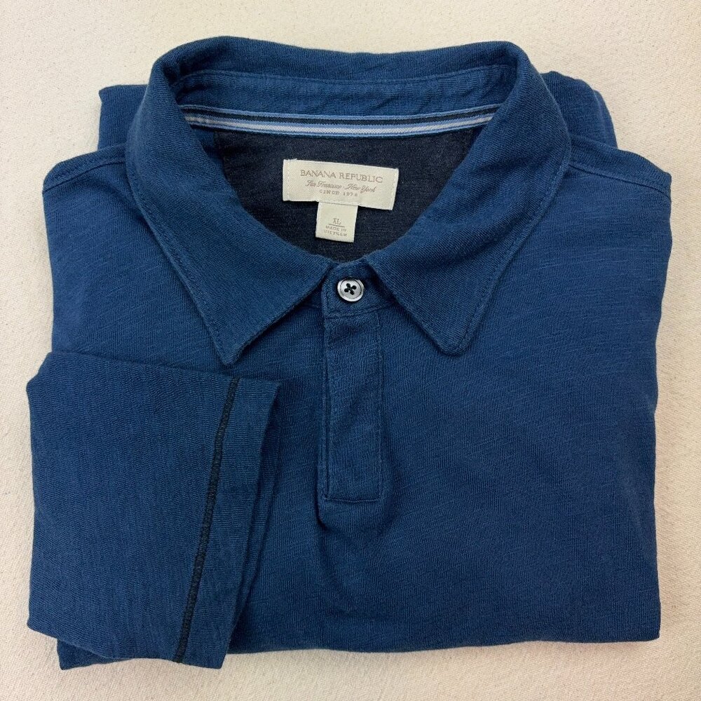 Polo Shirt Long Sleeve Slub Knit T Mens XL Banana Republic Button Collar V Neck